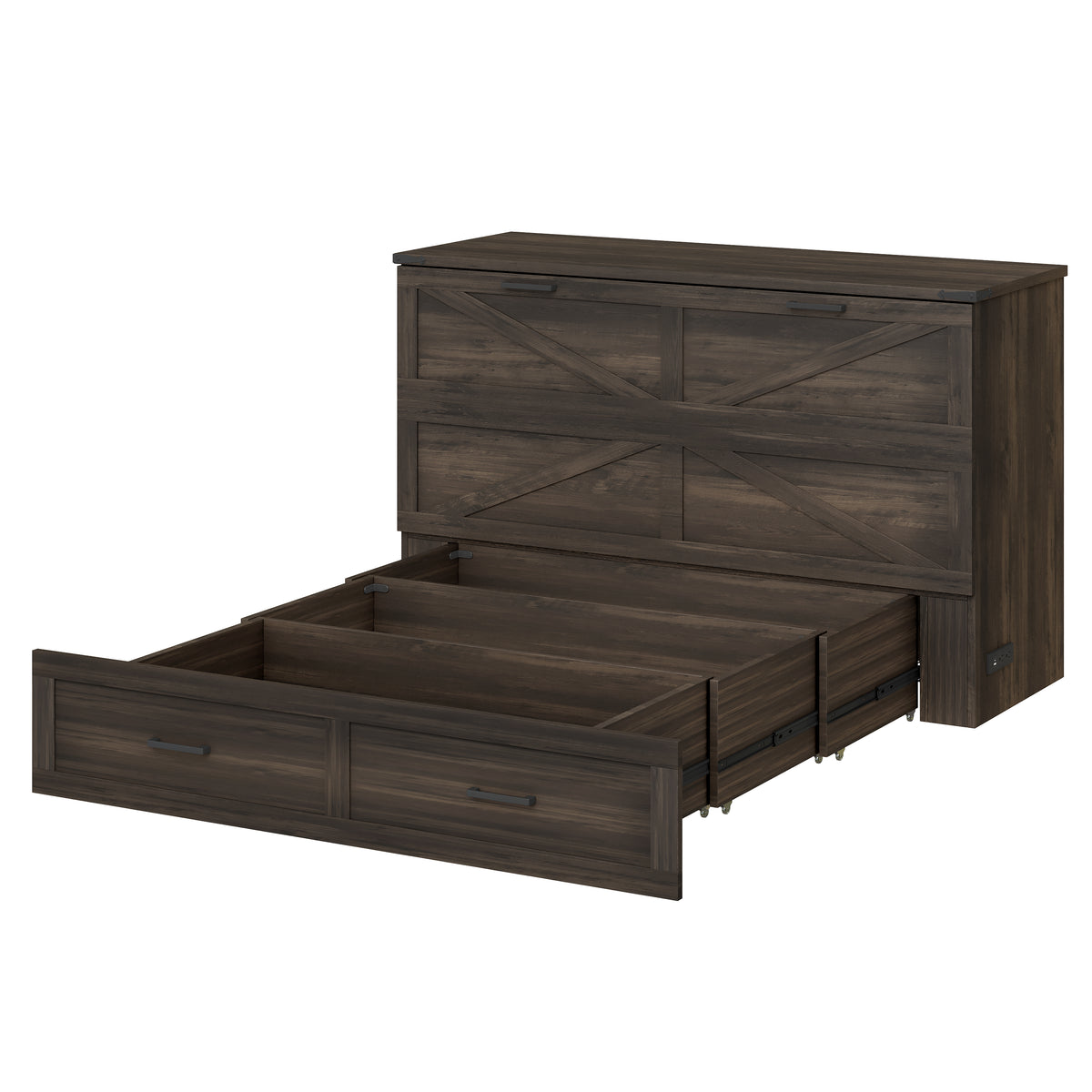 variant-group:rf-n733s361778g|Roomfitters Queen Farmhouse Murphy Cabinet Bed with Charging Station, Foldable Platform Bed with Storage Drawer, Rustic Gray