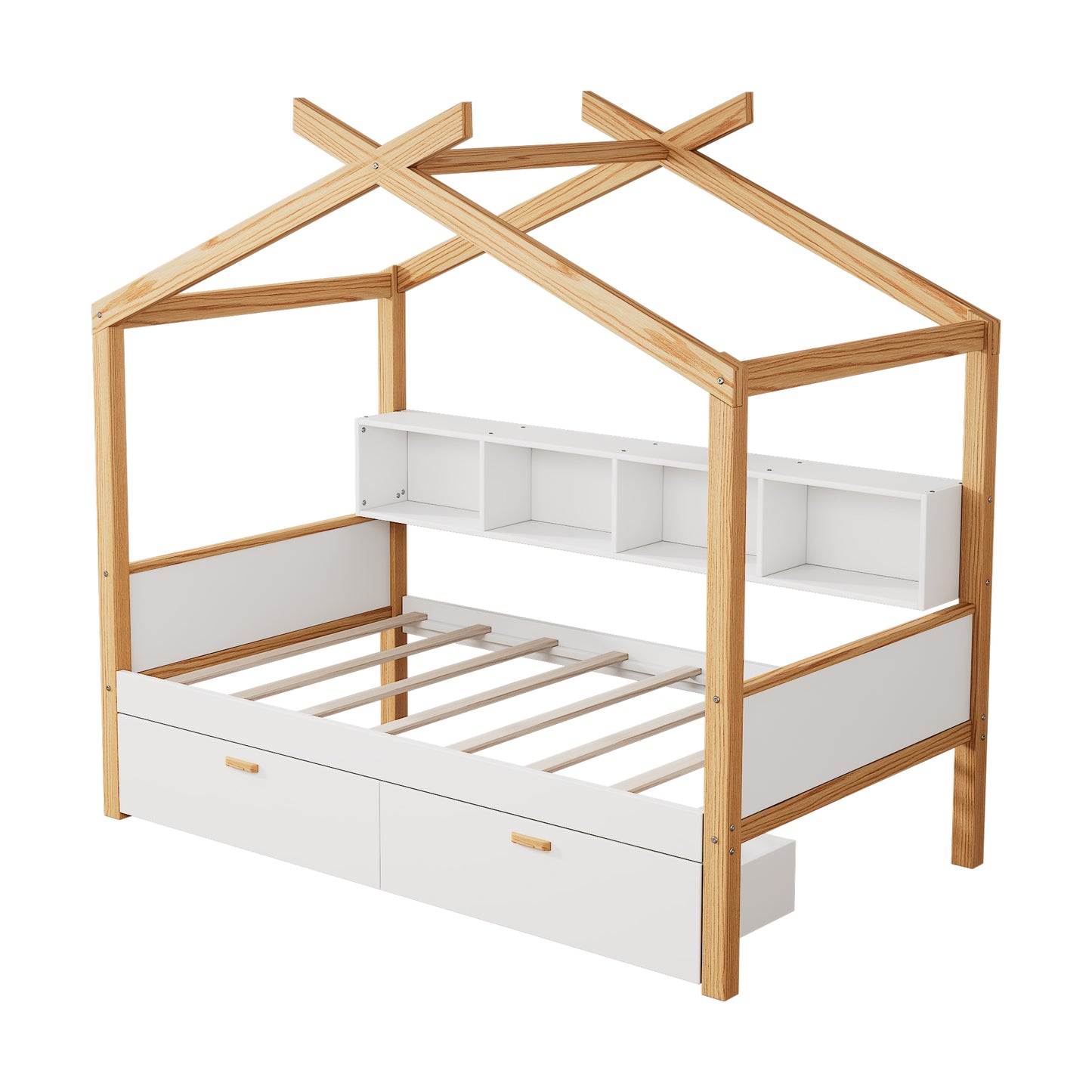 variant-group:rf-n701p443466k|Roomfitters Twin Size Wooden House Bed Frame with 2 Drawers, Bookshelf Storage Furniture, No Box Spring, White Natural