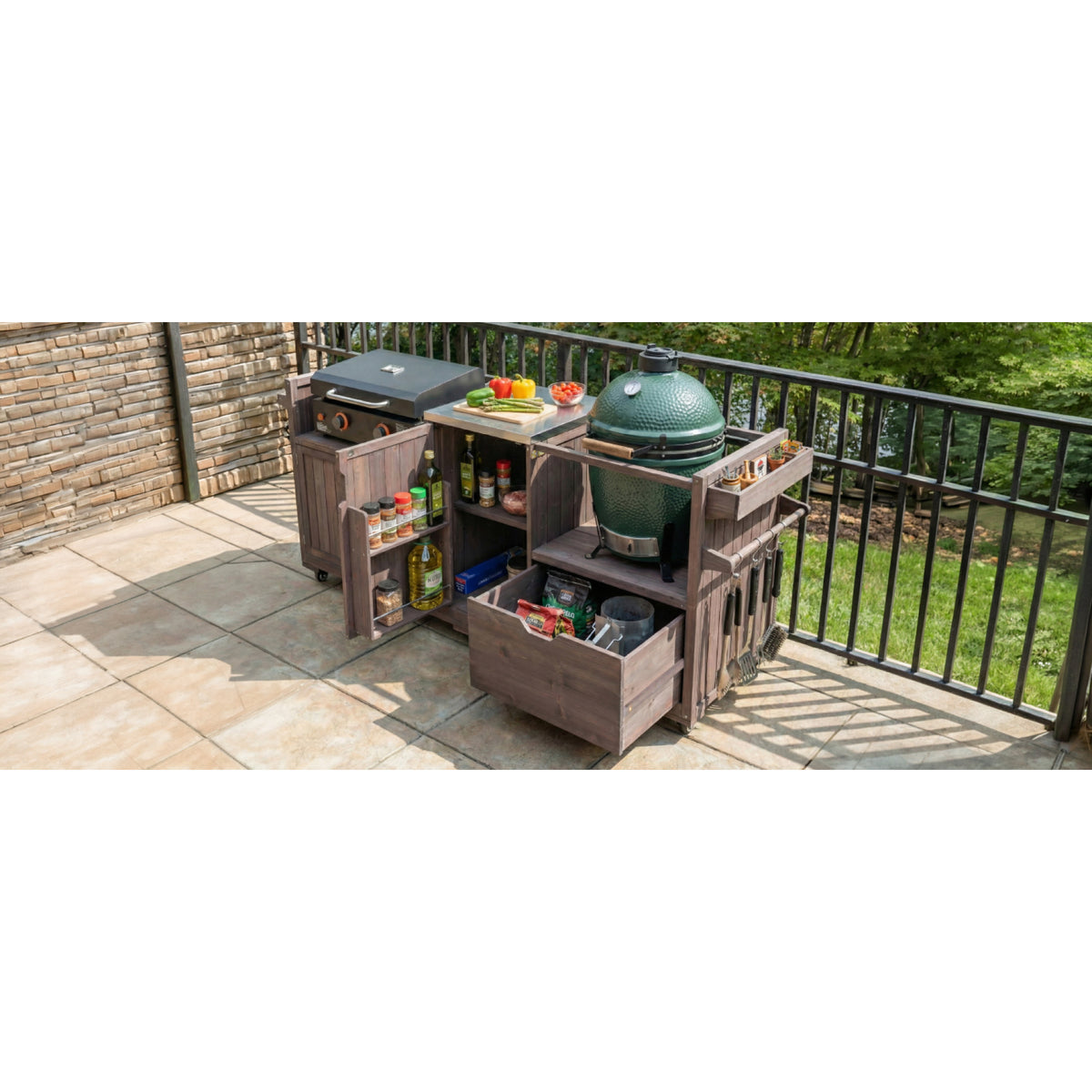 variant-group:rf-n707p392140z|Roomfitters 80.5" Extra Large Grill Cart, Outdoor Kitchen Prep Station with Stainless Steel Top & Kamado Grill Stand, Dark Brown