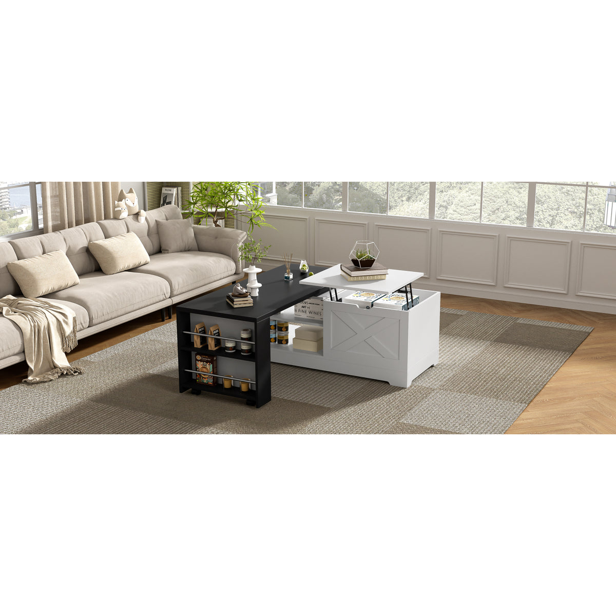 variant-group:rf-n724p351732k|Roomfitters Farmhouse Lift Top Coffee Table with Barn Doors and Outlets, White & Black