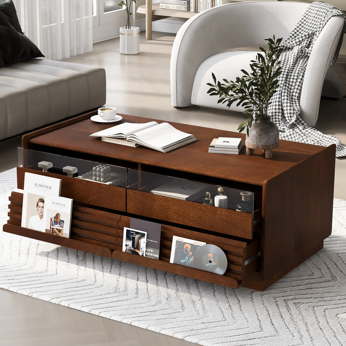 variant-group:rf-n724p286421d|Roomfitters Rectangle Coffee Table with Fluted Style, 4 Storage Compartments and Glass Display Shelves, Brown