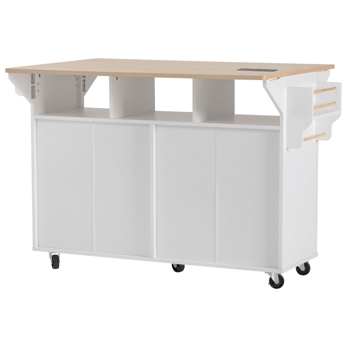 variant-group:rf-n707p353934w|Roomfitters 55.5" Fluted Kitchen Island with Double Drop Leaf, White Storage Cart with Power Outlet & Wood-grain Top