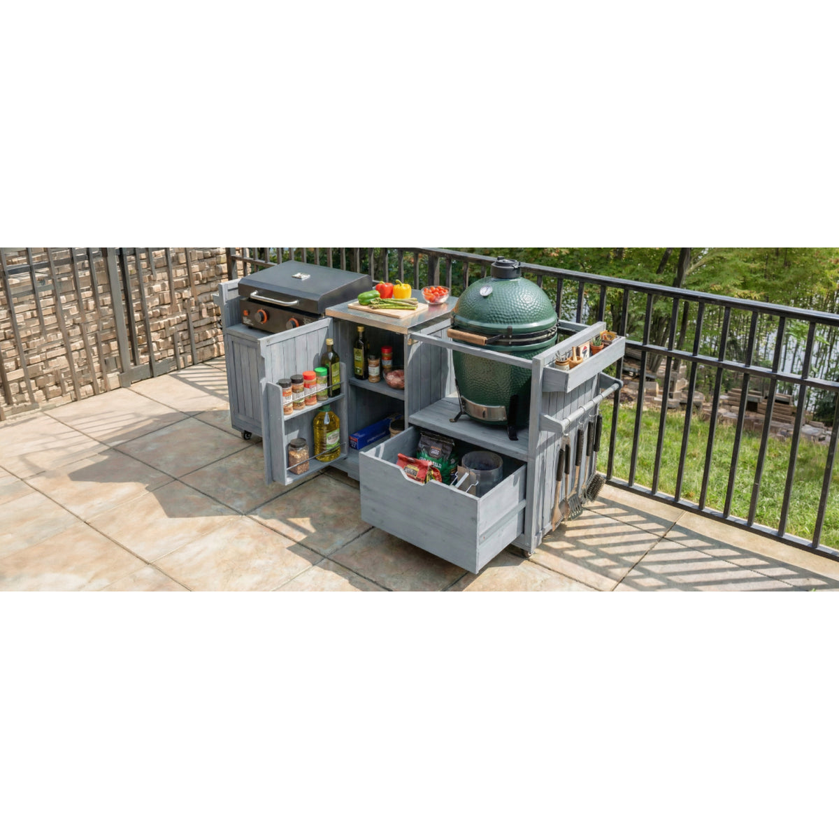 variant-group:rf-n707p392140g|Roomfitters 80.5" Extra Large Grill Cart, Outdoor Kitchen Prep Station with Stainless Steel Top & Kamado Grill Stand, Grey+Blue