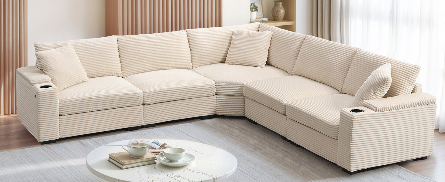 variant-group:rf-n723s1187a|Roomfitters 104 Inch Modern L-Shaped Sectional Sofa with Cup Holders, Comfortable Corduroy Upholstered Corner Couch, Beige