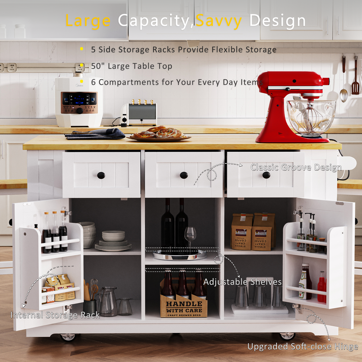 variant-group:rf-n707s003007w|Roomfitters 53" Kitchen Island with 2 Bar Stools, Drop Leaf, Power Outlet, Rolling Kitchen Cart Set with Storage, White