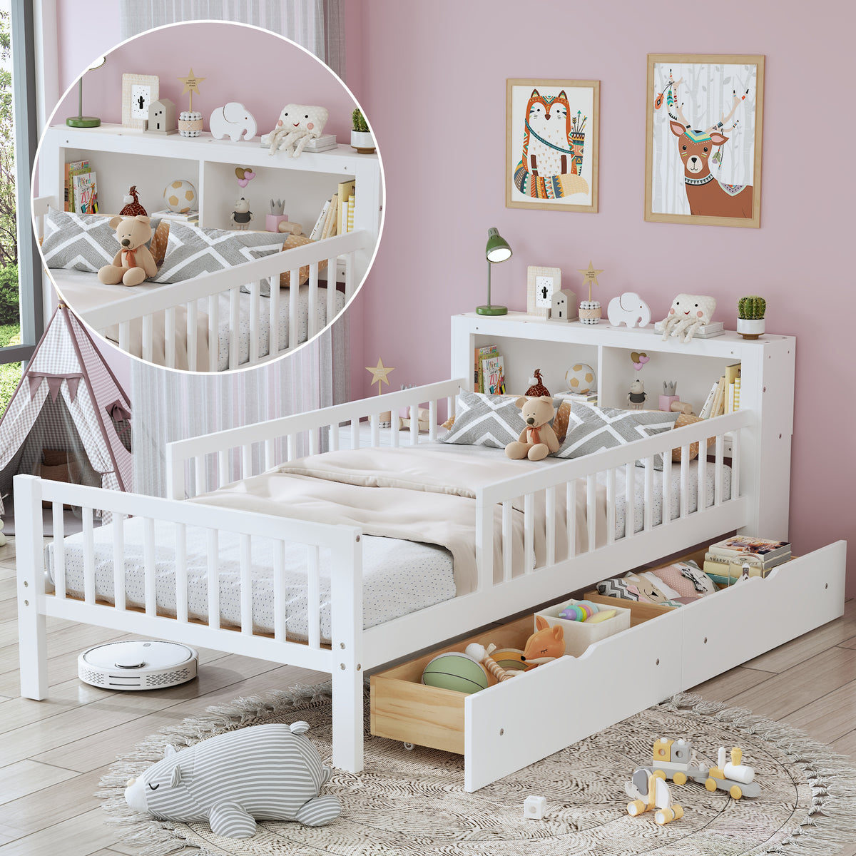 variant-group:rf-n733p272374k|Roomfitters Twin Bed with Headboard Storage Rack, Under-Bed Storage and Three-Side Guardrails, White