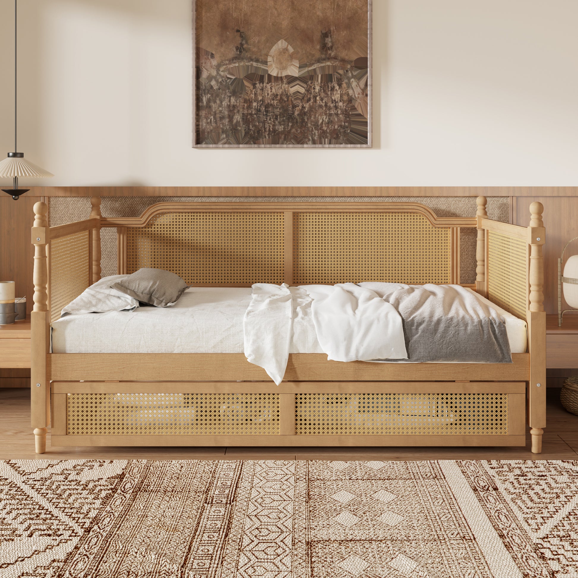 variant-group:rf-n701bs701p415472d|Roomfitters Twin Size Traditional Rattan Daybed Frame with 2 Storage Drawers, French Country Wood Bed, No Box Spring, Walnut