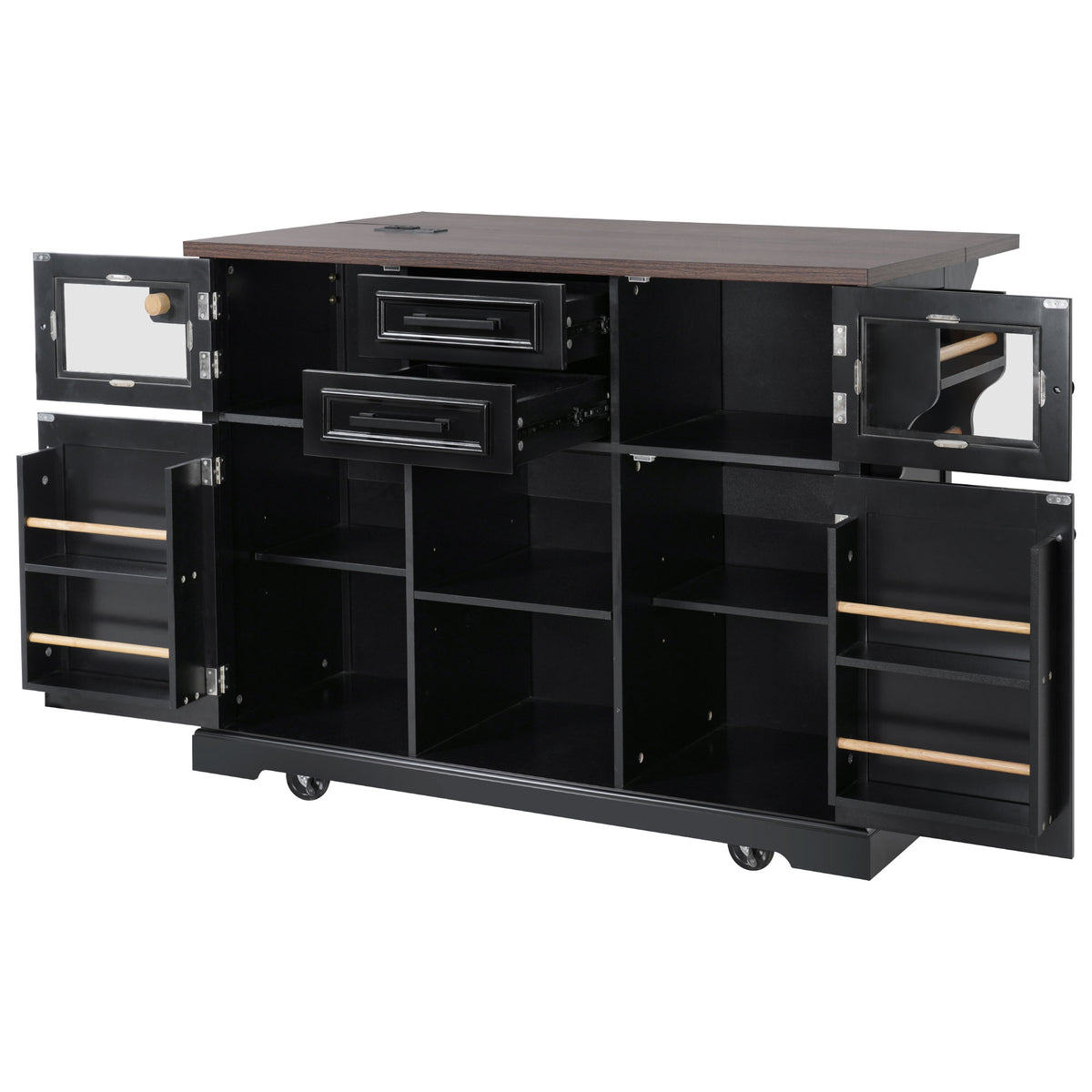 variant-group:rf-n707s300277b|Roomfitters 54.9" Kitchen Island with Drop Leaf, Rolling Kitchen Cart with Barn Door and Glass Door, Storage Cabinet, Black