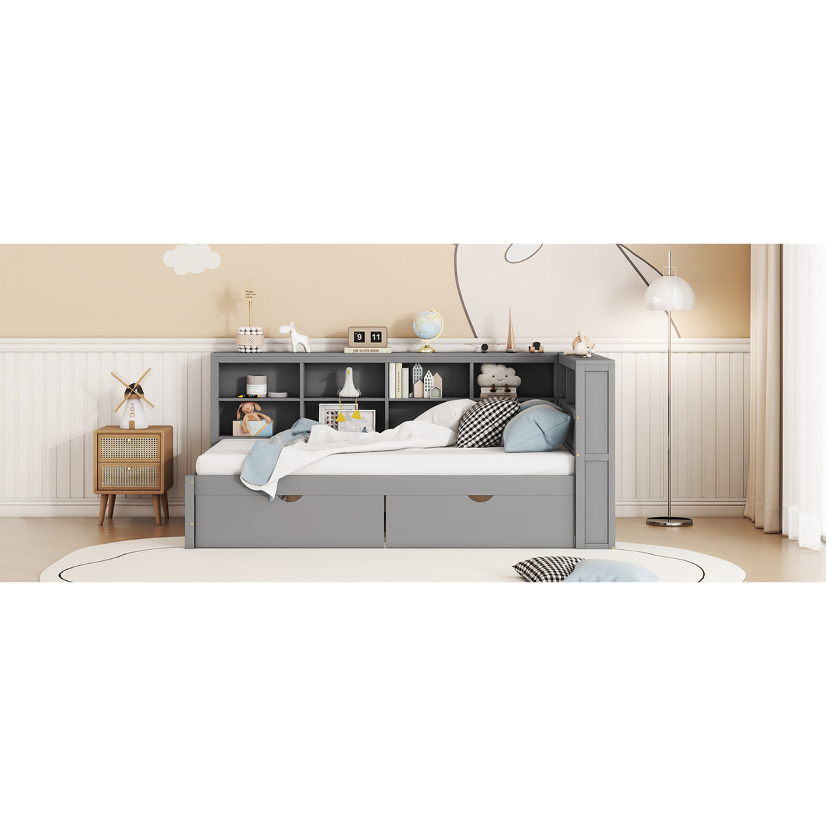 variant-group:rf-n733s347768e|Roomfitters Wooden Twin Daybed with Underbed Storage, Built-In Shelf & USB Charging Ports, Gray