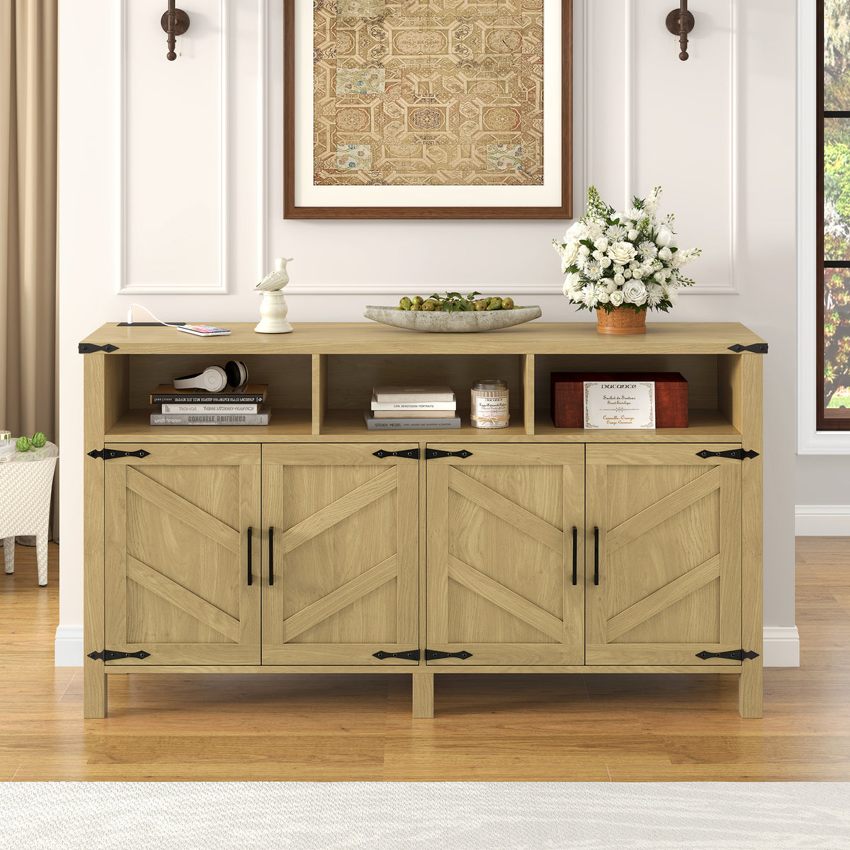 variant-group:rf-n711p347407o|Roomfitters 59" Sideboard Buffet Cabinet with 4 Door & Open Storage, Modern Farmhouse Industrial Coffee Bar Station, Natural