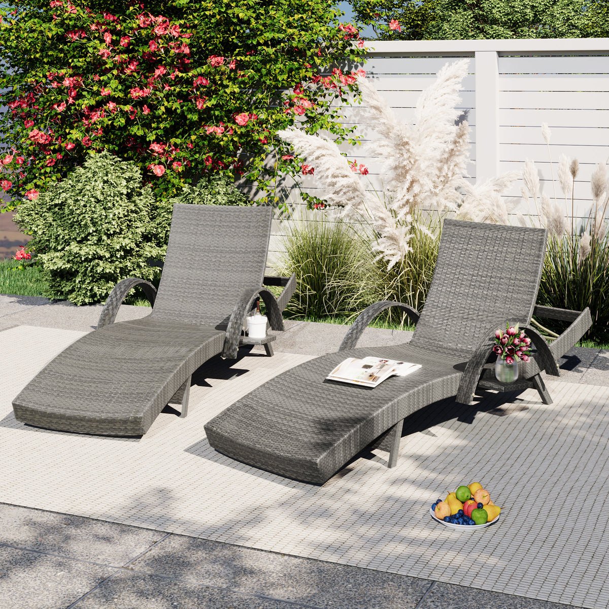 variant-group:rf-n707wf321204aae|Roomfitters 80" Outdoor Wicker Chaise Lounge Chairs, Set of 2, Reclining Patio Chairs with Pull-Out Table, Grey