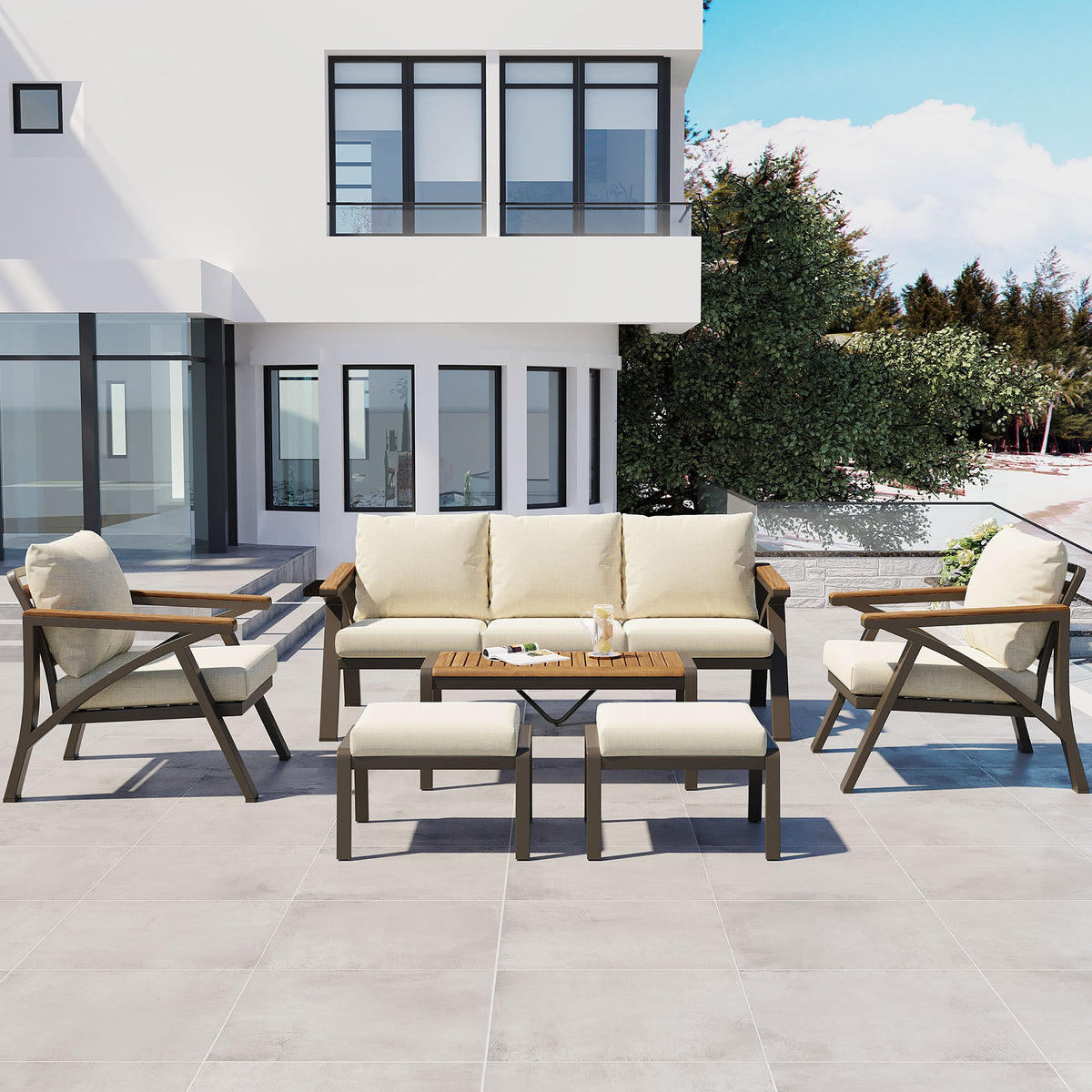 variant-group:rf-n704g201256a|Roomfitters 6-Piece Steel Conversation Set with 3-Seat Sofa Multi-Functional Ottomans and Acacia Wood Table Beige