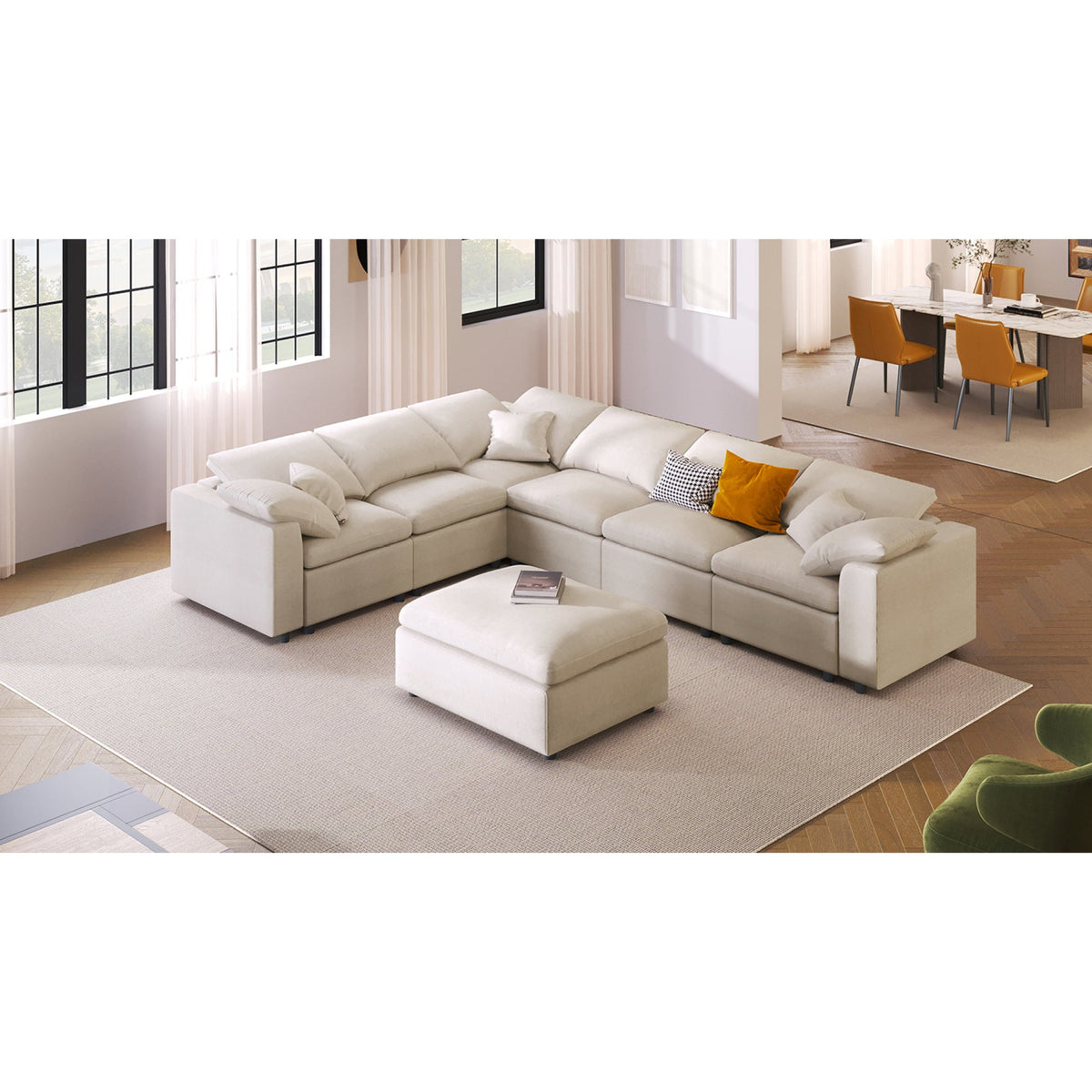 Roomfitters 124.8" 7-Seater Modular Sectional Sofa, Large Modern L-Shaped Upholstered Couch with Ottoman for Living Room, Beige Roomfitters