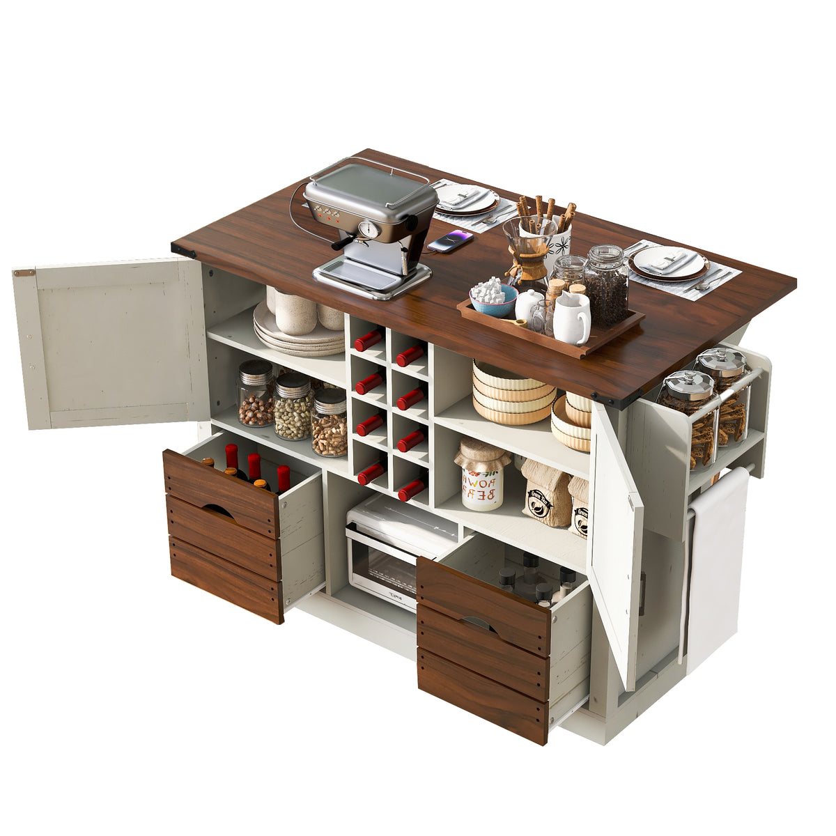 variant-group:rf-n707p349814w|Roomfitters 54" Farmhouse Kitchen Island with Drop Leaf, Power Outlet, Wine Rack, 2 Drawers, 2 Doors, White