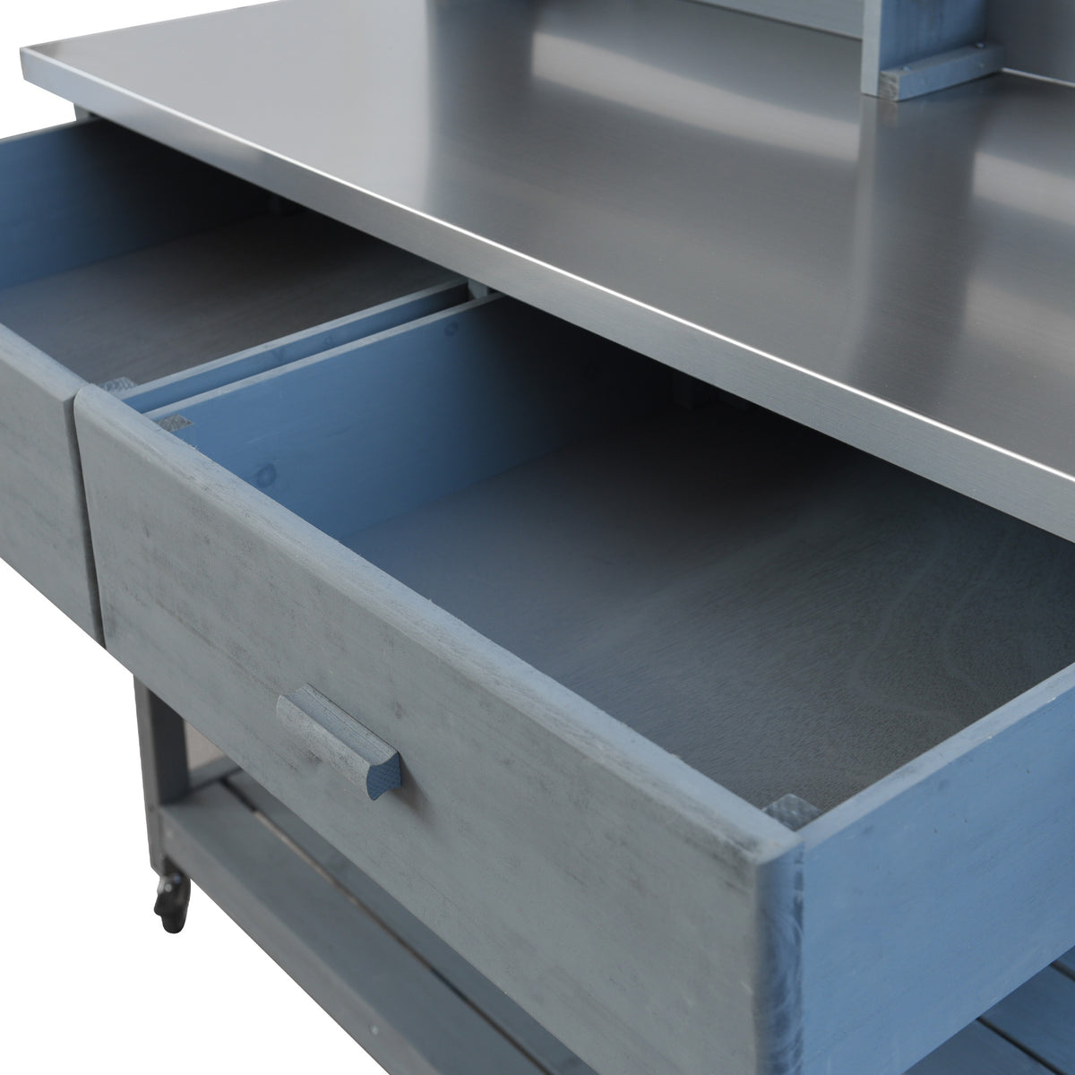 variant-group:rf-n707p228274g|Roomfitters 64.9" Outdoor Potting Bench Table, Rolling Kitchen Island with Hutch, Stainless Steel Top, Storage, Grey Blue