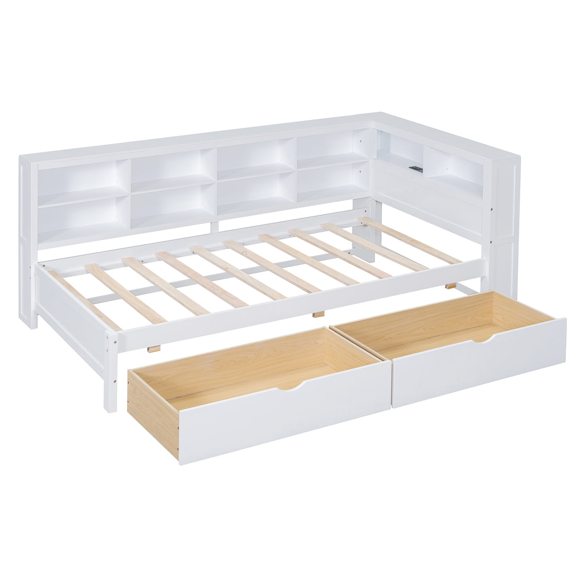 variant-group:rf-n733s347768k|Roomfitters Wooden Twin Daybed with Underbed Storage, Built-In Shelf & USB Charging Ports, White