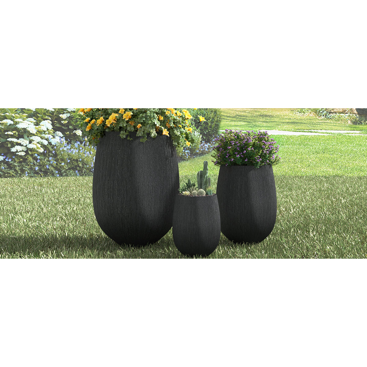 variant-group:rf-n711p406659b|Roomfitters Modern Egg-Shaped MGO Planter Set, 3-Piece Textured Faux Stone Flower Pots, Black Patio Garden Urns