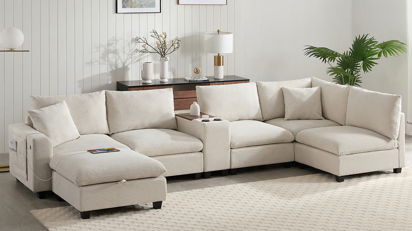 variant-group:rf-n723s1166a|Roomfitters 139 Inch U-Shaped Modular Sectional Sofa with Storage Console, Cup Holders and USB Ports for Living Room, Beige