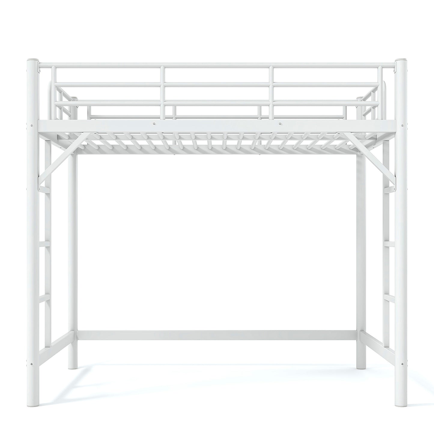 variant-group:rf-w1580p455012|Roomfitters Twin Size Metal Loft Bed Frame with Guardrails, Heavy Duty Space Saving High Loft Bed Dual Ladders, White