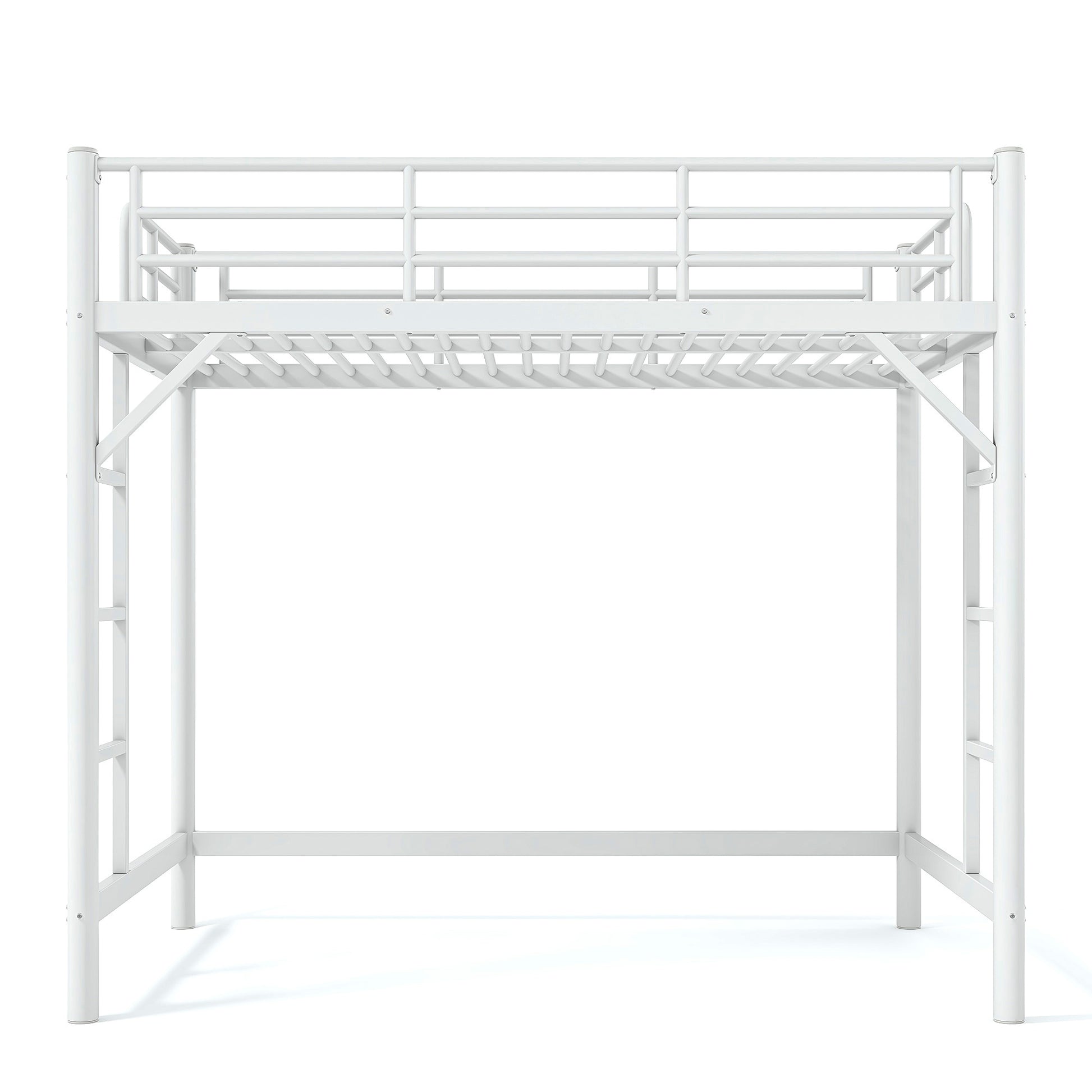variant-group:rf-w1580p455012|Roomfitters Twin Size Metal Loft Bed Frame with Guardrails, Heavy Duty Space Saving High Loft Bed Dual Ladders, White