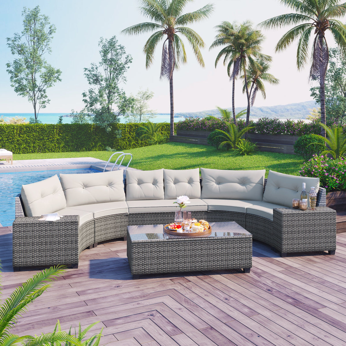 Roomfitters 8-Piece Outdoor Half-Moon Sectional Wicker Round Sofa Set with Tempered Glass Tables Beige Roomfitters