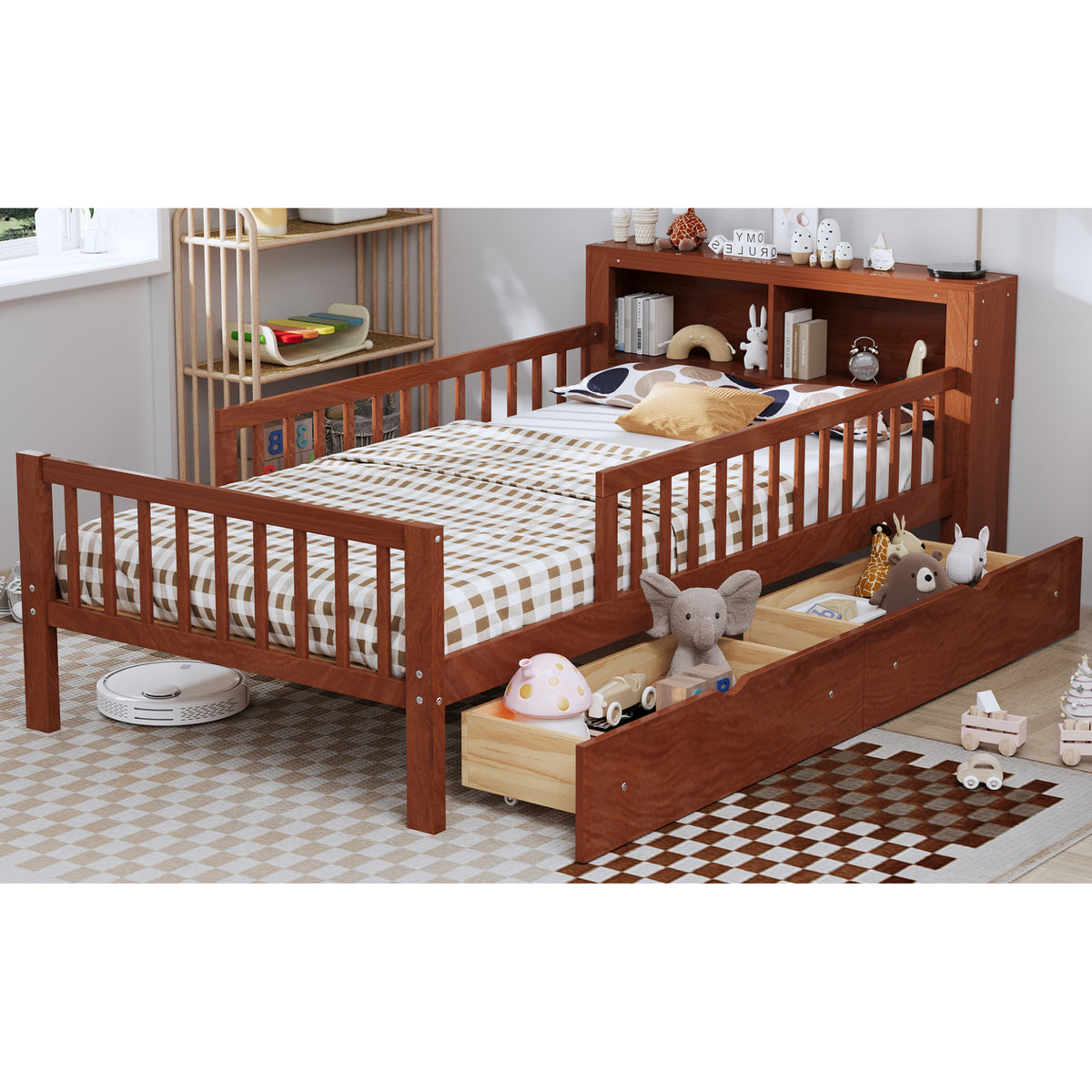variant-group:rf-n733p272374d|Roomfitters Twin Bed with Headboard Storage Rack, Under-Bed Storage and Three-Side Guardrails, Walnut