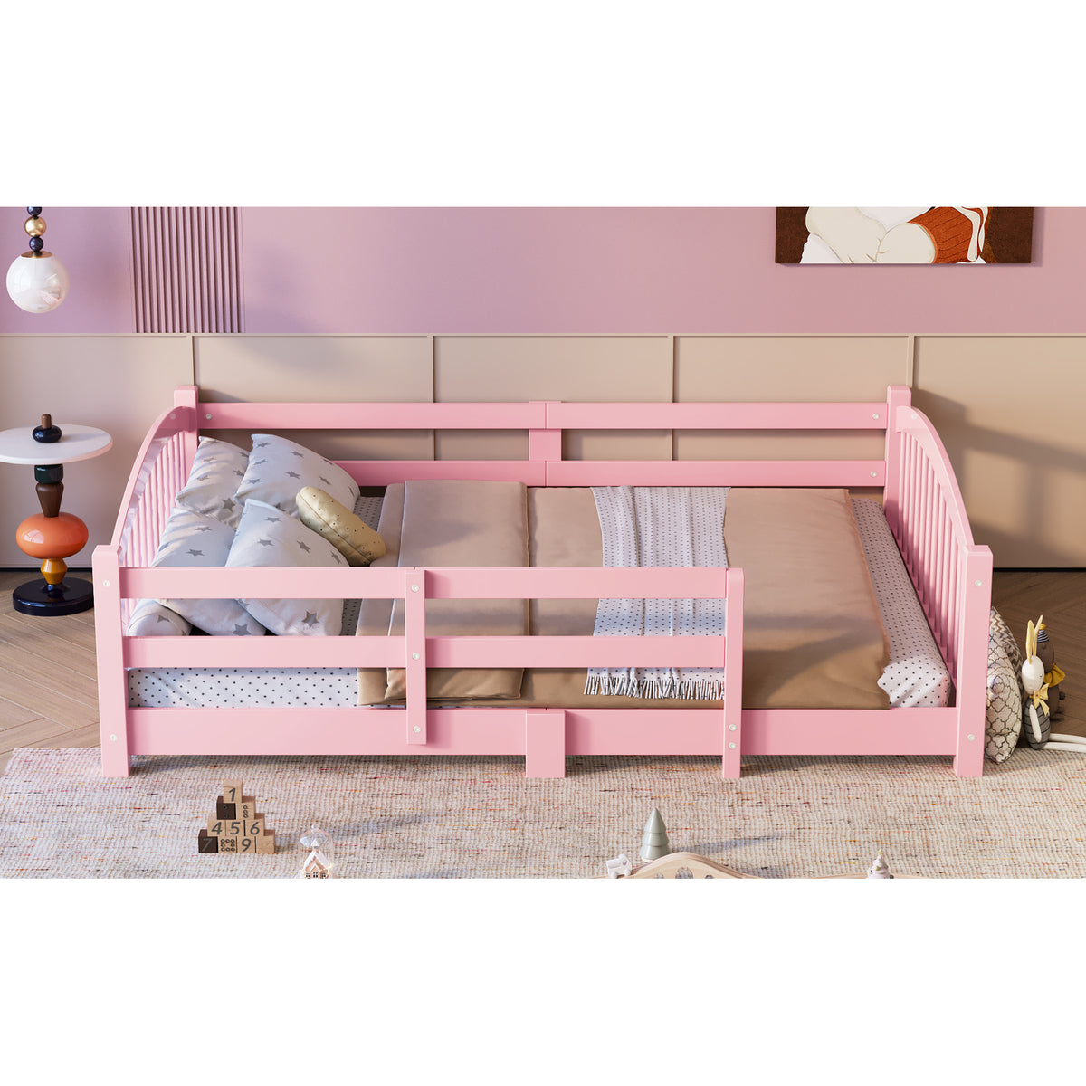 variant-group:rf-n733p400299h|Roomfitters Full Montessori Floor Bed with Guardrails, Solid Wood Low Platform Bed with Slats, Easy Assembly, Pink