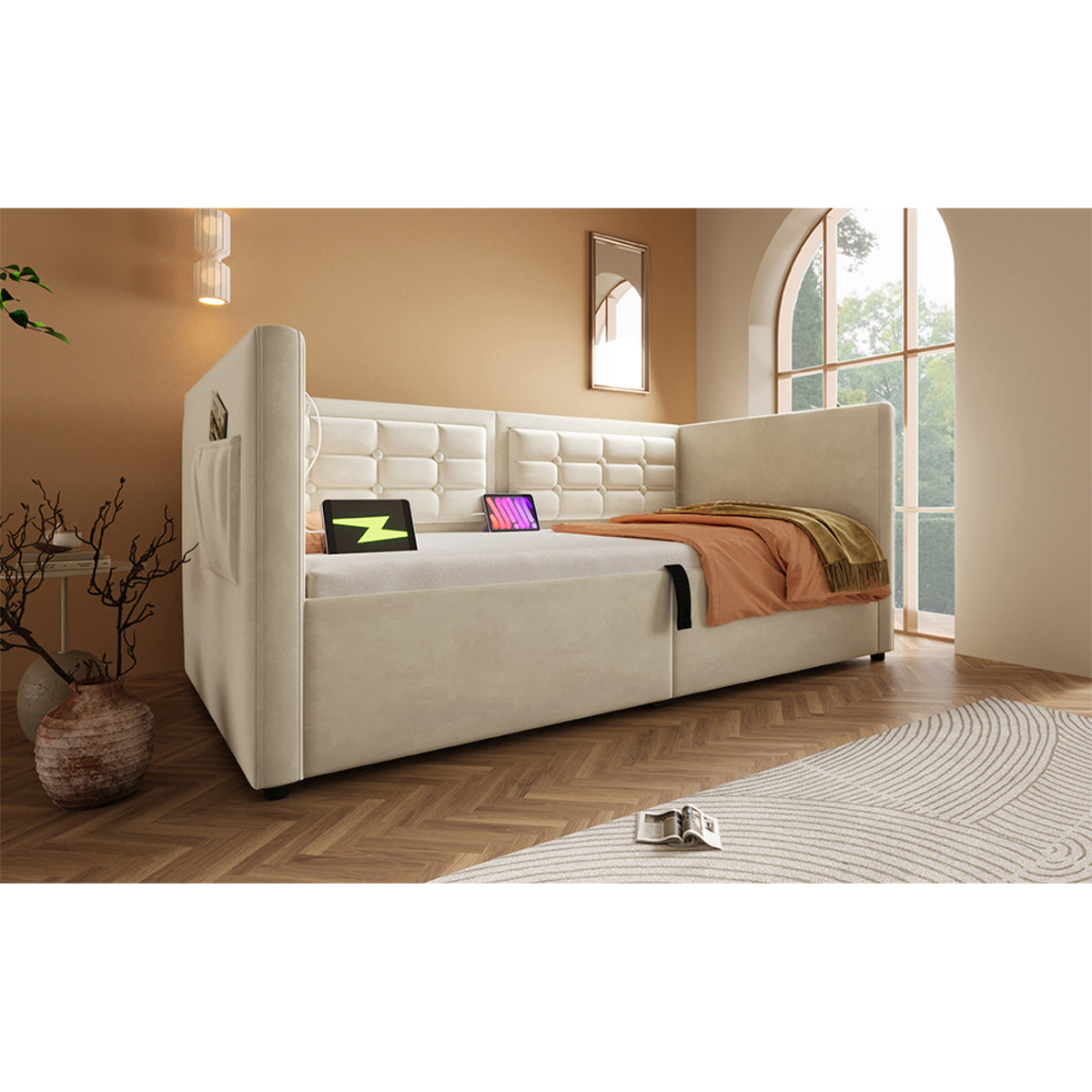 variant-group:rf-n736p303402b|Roomfitters Upholstered Twin Size Daybed with Storage, USB & Type-C Charging, Tufted Sofa Back, Velvet Beige