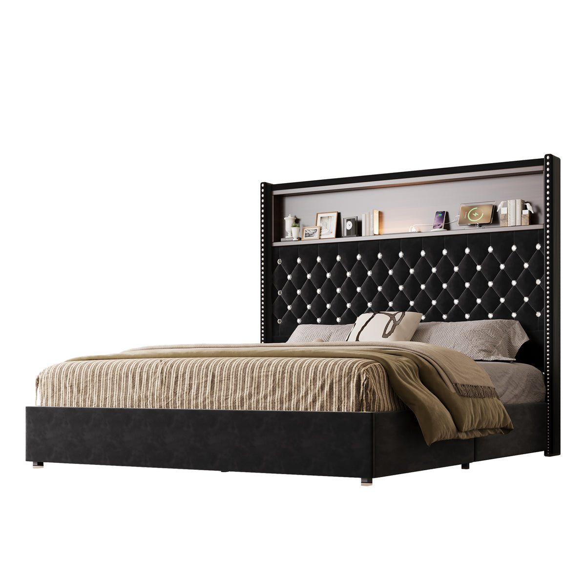 variant-group:rf-n733p367135b|Roomfitters Queen Velvet Tufted Platform Bed with Charging Ports, Tall Wingback Headboard with Rivet Trim and Shelf, Black