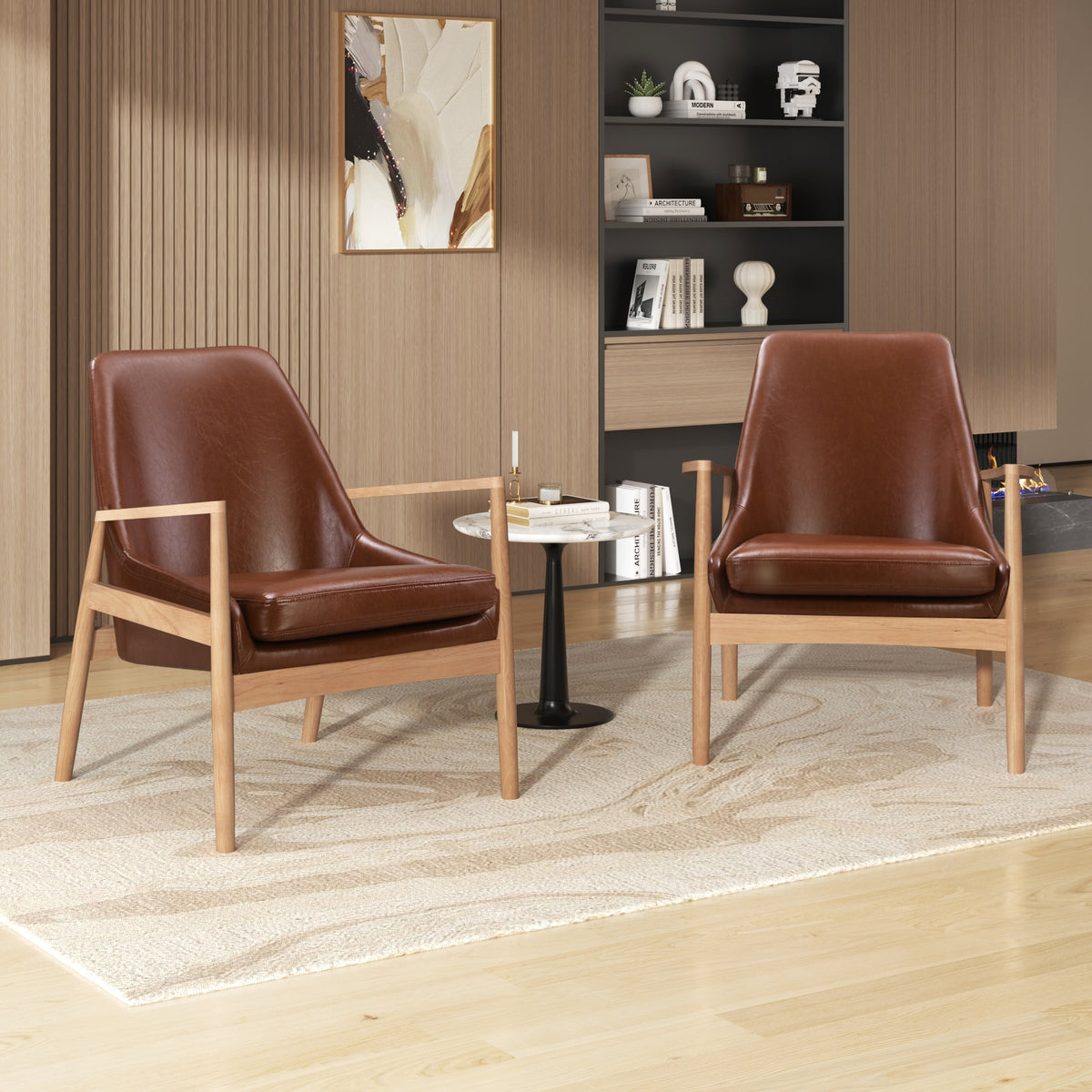 variant-group:rf-n724sj000145aad|Roomfitters PU Leather Mid-Century Accent Chairs with Solid Wood Frame and High Backrest, Set of 2, Brown
