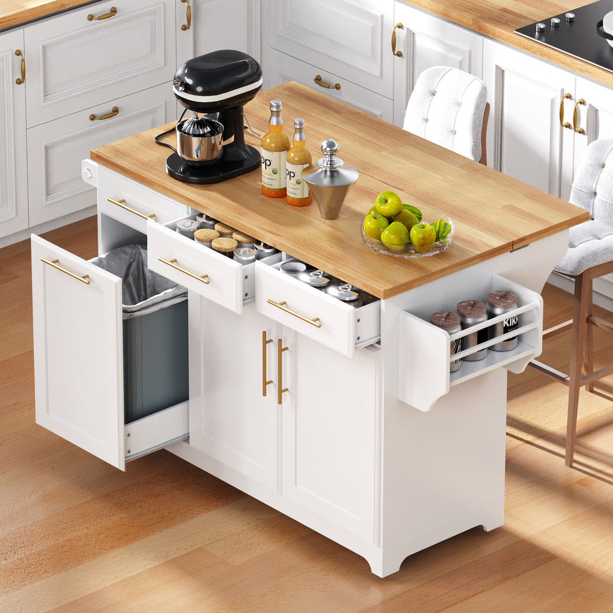 variant-group:rf-n707s299014w|Roomfitters 59.3" Kitchen Island with Power Outlet, Drop Leaf and Double Trash Can Pull Out, Rolling Cart, White