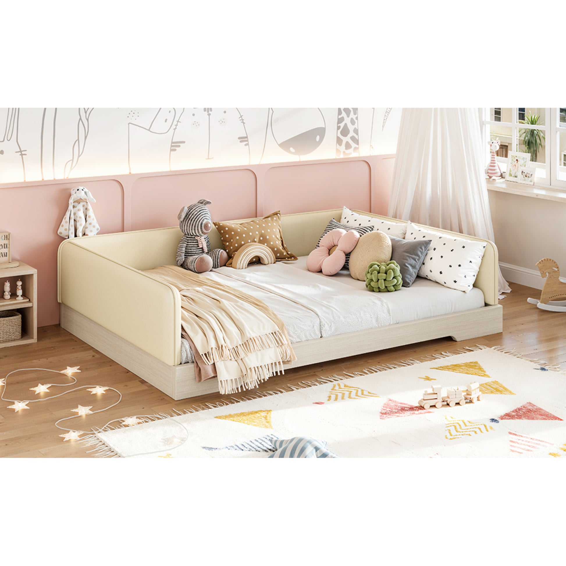 variant-group:rf-w1580s00671|Roomfitters Full Size Upholstered Floor Bed Frame with Removable Guardrails, Faux Leather Low Profile Platform, Beige