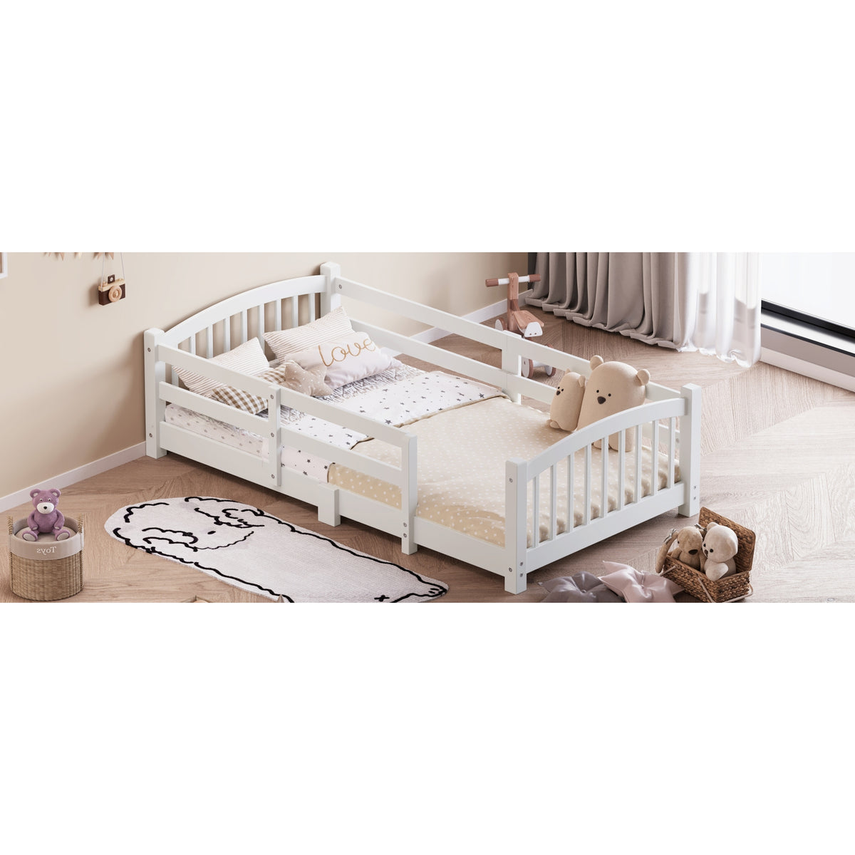 variant-group:rf-n733p400298k|Roomfitters Twin Montessori Floor Bed with Guardrails, Solid Wood Low Platform Bed with Slats, Easy Assembly, White