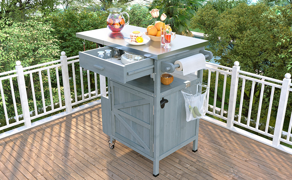 variant-group:rf-n707p228272g|Roomfitters 40.5" Outdoor Grill Cart with Stainless Steel Top, Wood Storage Cabinet, Drop Leaf, Rolling Cart, Blue Grey