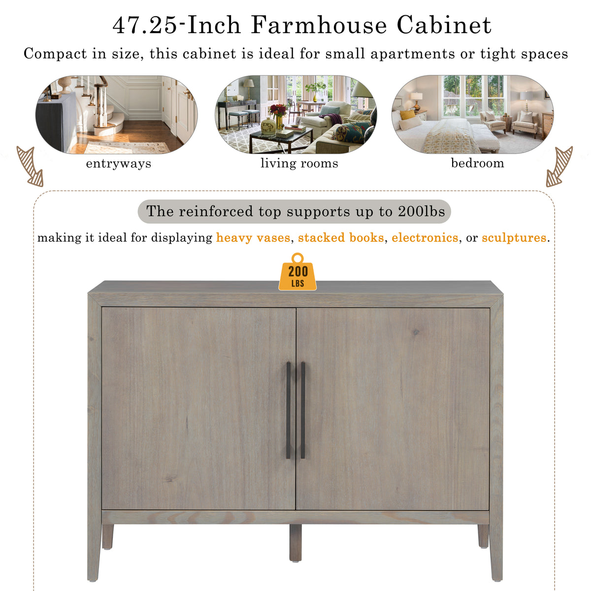 variant-group:rf-n711p410389e|Roomfitters 47.25-Inch Farmhouse Sideboard, 2-Door Buffet Cabinet, Grey Wooden Storage Console, Metal Handles
