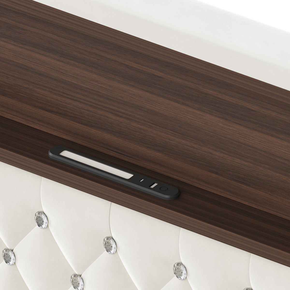 variant-group:rf-n733p368653a|Roomfitters Full Velvet Tufted Platform Bed with Charging Ports, Tall Wingback Headboard with Rivet Trim and Shelf, Beige