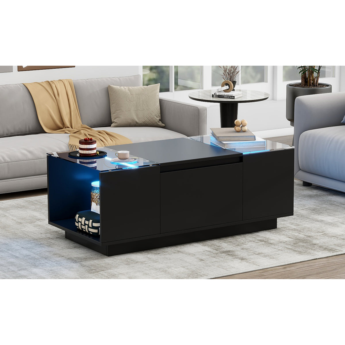 variant-group:rf-n724p290056b|Roomfitters Modern Center Coffee Table with High Gloss Finish, Glass Top and Hidden Storage Compartments, Black