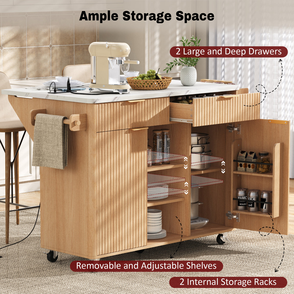 variant-group:rf-n707s000019y|Roomfitters 52" Fluted Kitchen Island with Drop Leaf, Power Outlet & Faux Marble Top, Natural