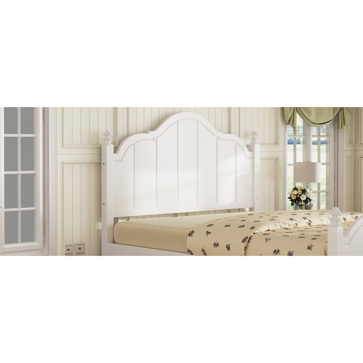 variant-group:rf-n733p360940k|Roomfitters Queen Wood Platform Bed Frame with Curved Headboard, Vintage Style Slat Support, No Box Spring Required, White