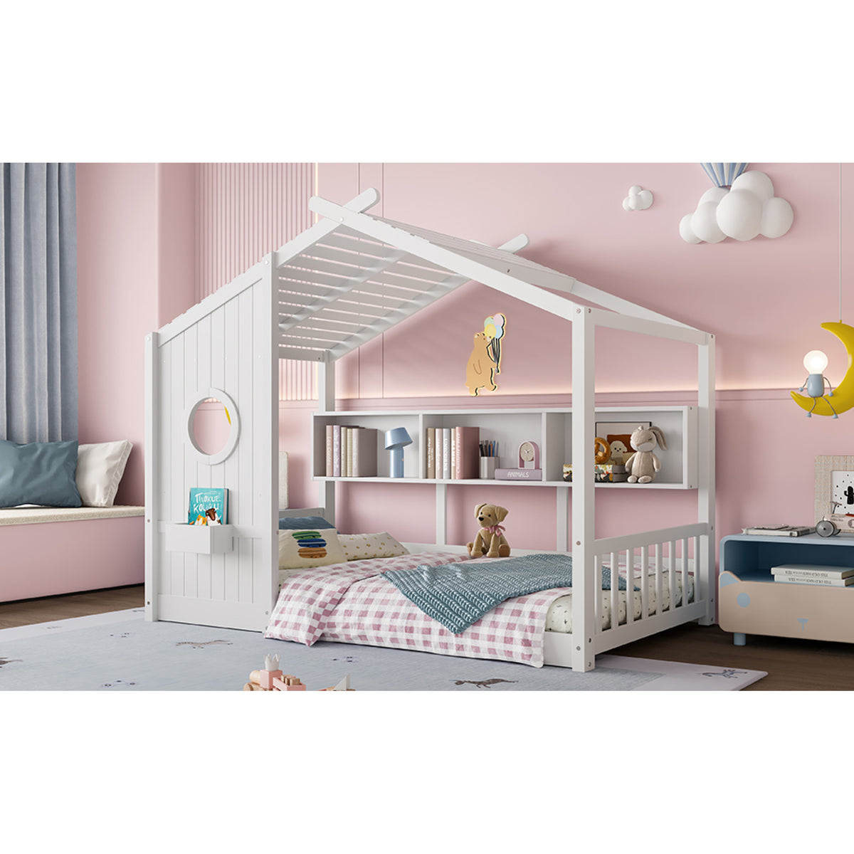 variant-group:rf-n733p335064k|Roomfitters Twin Size Floor House Bed with Storage Shelf and Roof Design, Montessori Playhouse Bed, White