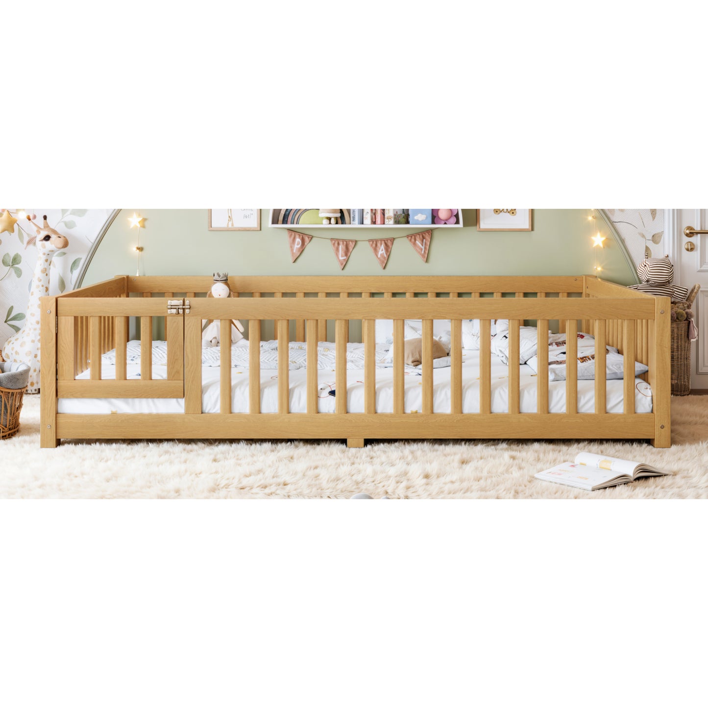 variant-group:rf-w1580p462325|Roomfitters Queen Size Wooden Floor Bed Frame with Safety Guardrails Door, Solid Wood Low Profile Toddler Play Bed, Natural