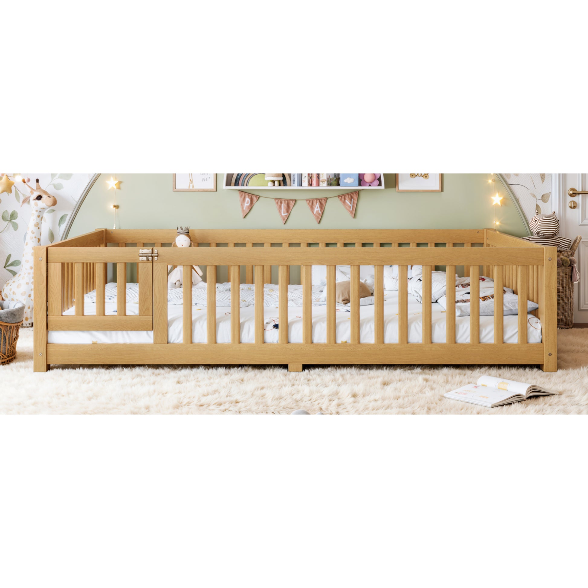 variant-group:rf-w1580p462325|Roomfitters Queen Size Wooden Floor Bed Frame with Safety Guardrails Door, Solid Wood Low Profile Toddler Play Bed, Natural