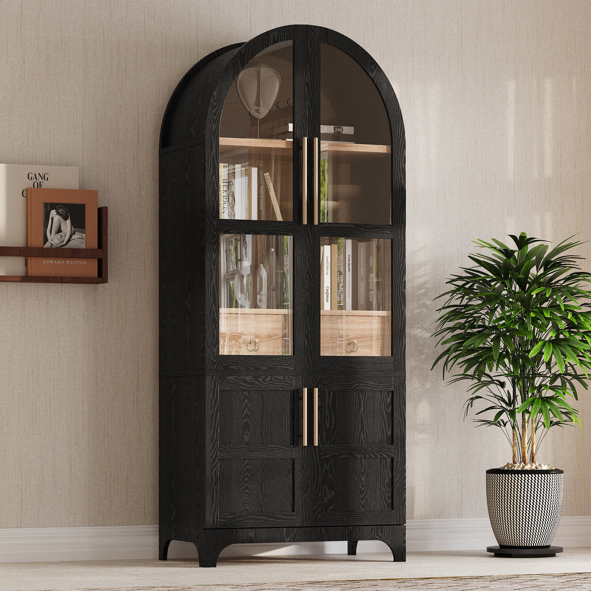 variant-group:rf-n707s288969b|Roomfitters 71" Pantry Cabinet with Arched Top & Glass Doors, 4-Door Storage Hutch with Adjustable Shelves for Kitchen, Black