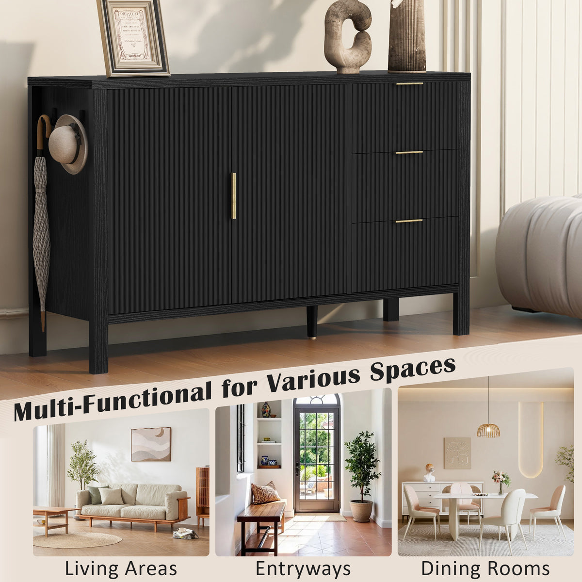 variant-group:rf-n711p345172b|Roomfitters Sideboard Buffet Cabinet with 3 Drawers, 2 Door Mid-century Fluted Accent Storage for Kitchen & Dining, Black