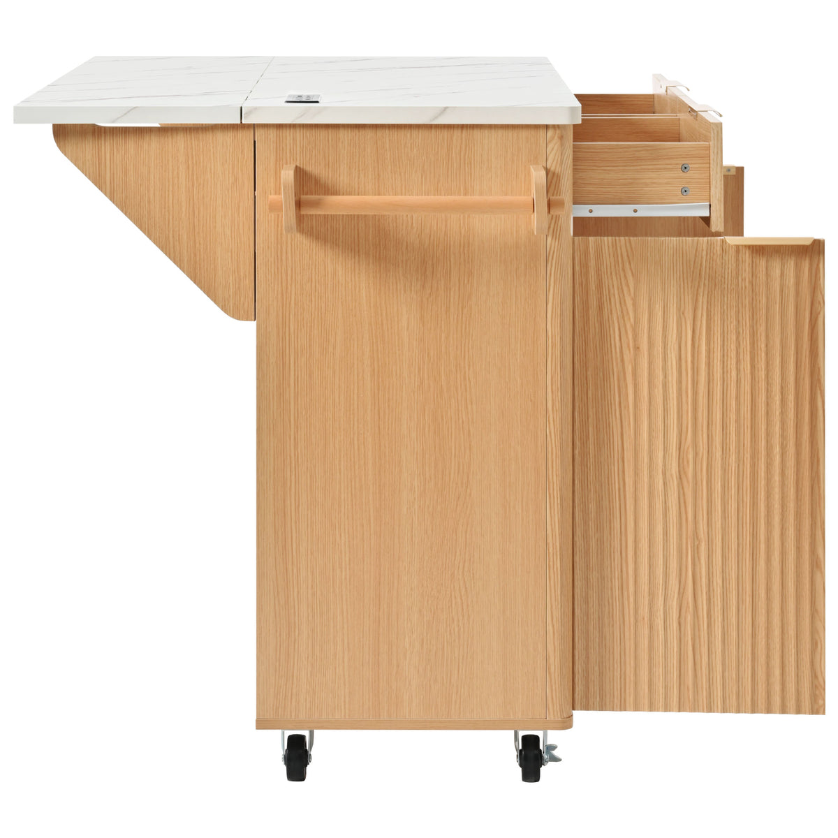 variant-group:rf-n707s000019y|Roomfitters 52" Fluted Kitchen Island with Drop Leaf, Power Outlet & Faux Marble Top, Natural