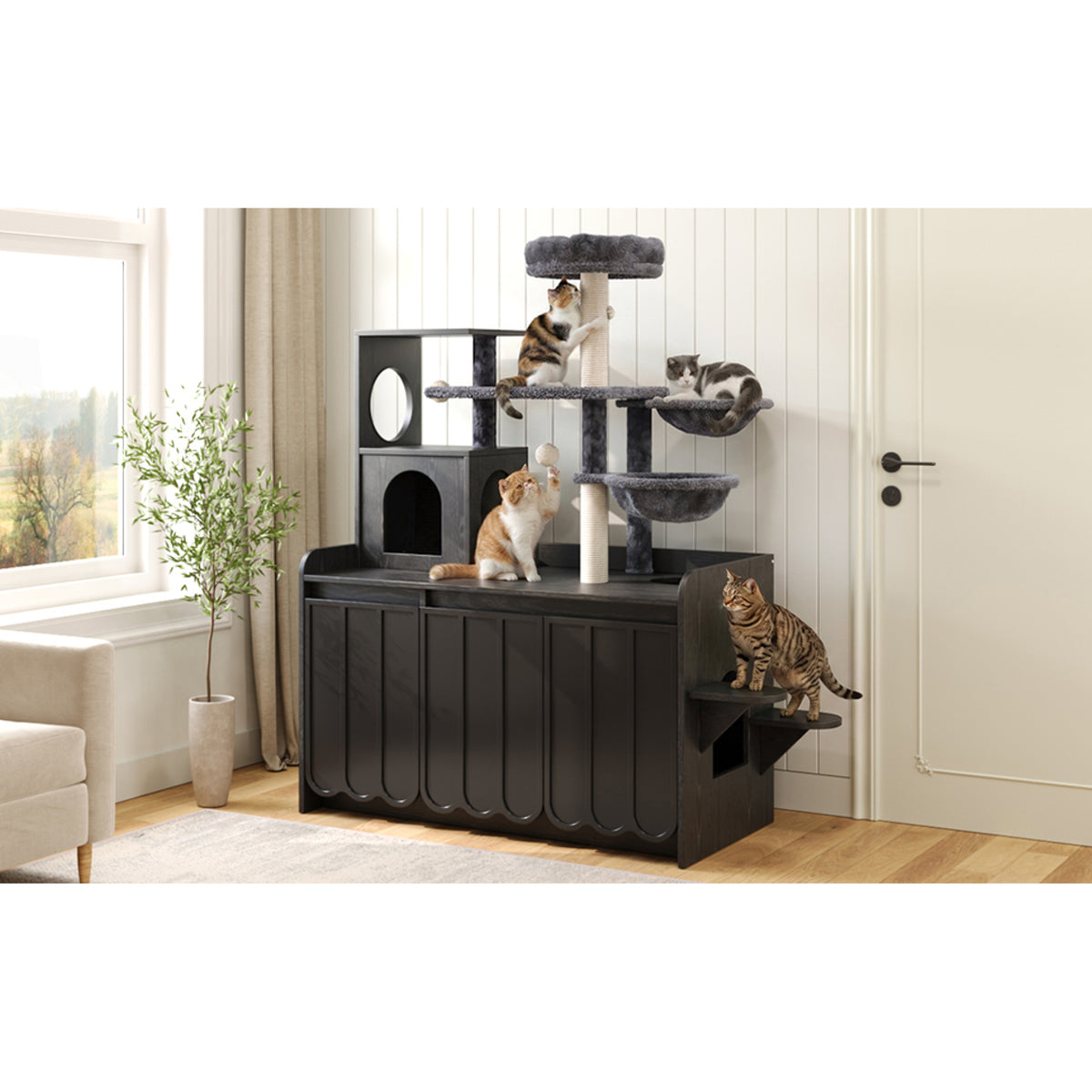 variant-group:rf-n704p443505b|Roomfitters All-in-One Modern Multi-Level Cat Tree Tower Condo with Hidden Litter Box Enclosure Space Black