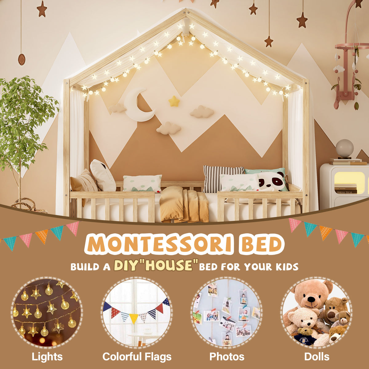variant-group:rf-n733p356048m|Roomfitters Full Montessori Floor Bed with Canopy, House Shape Wood Frame with Safety Rails, Platform Bed, Natural