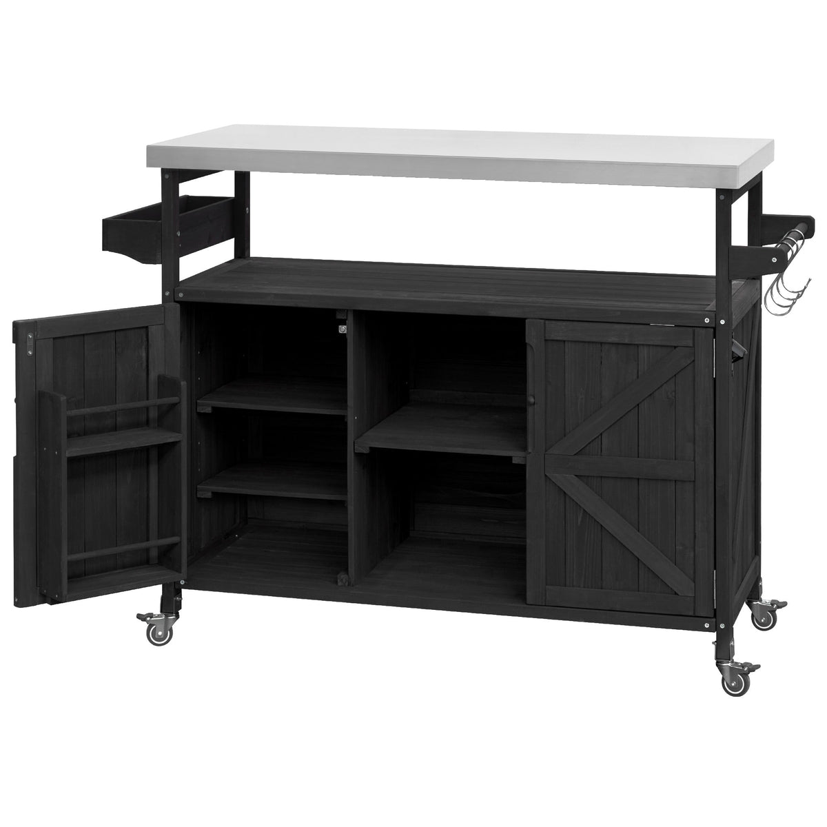 Roomfitters Outdoor Kitchen Island, Rolling Bar Cart with Storage Cabinet, Wood Grill Table, Stainless Steel Top, Spice Rack, Black
