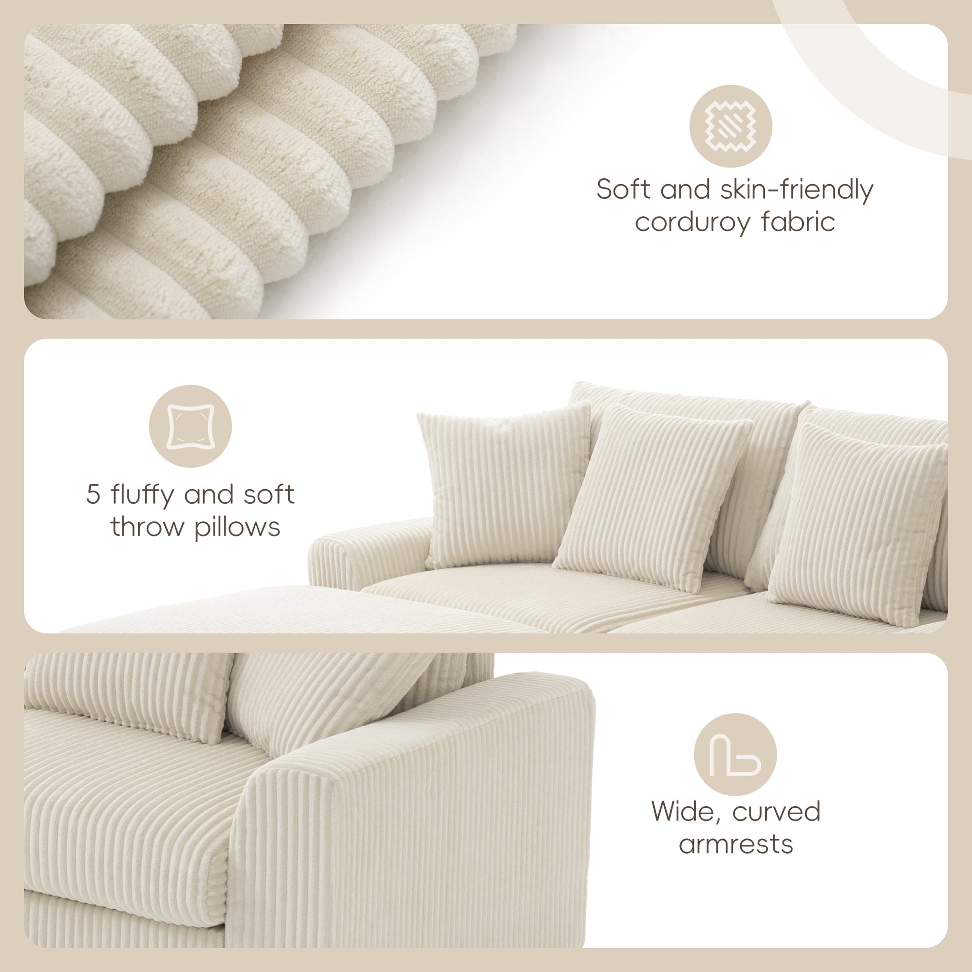 Roomfitters 112 Inch L-Shaped Modular Sectional Sofa with Bluetooth Speaker, Console and Cup Holders for Home, Cream Roomfitters