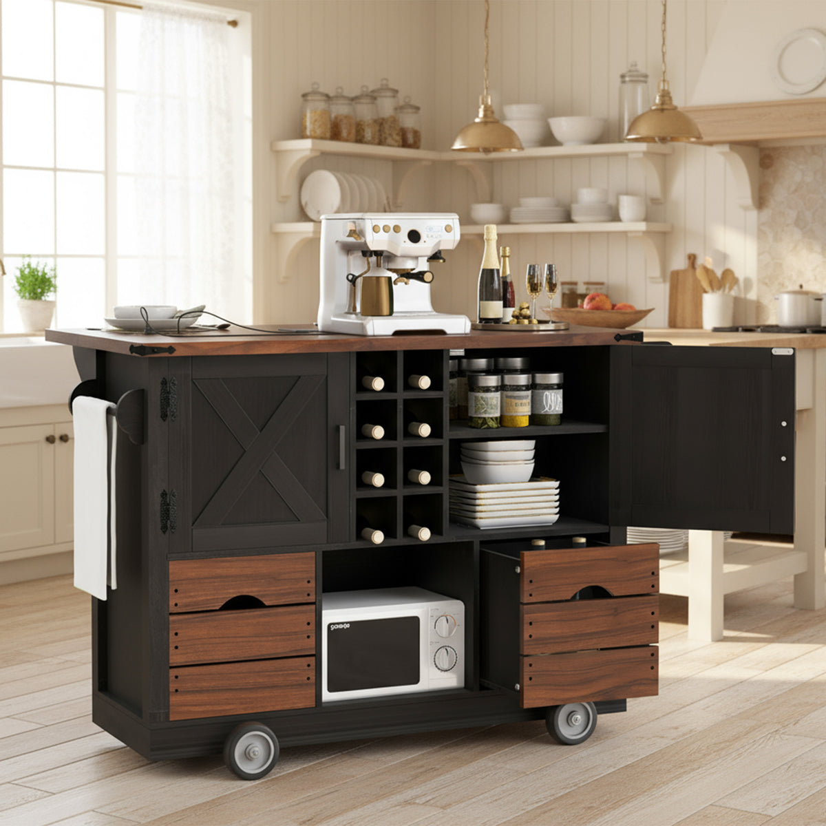 variant-group:rf-n707p349814b|Roomfitters 54" Farmhouse Kitchen Island with Drop Leaf, Power Outlet, Wine Rack, 2 Drawers, 2 Doors, Black